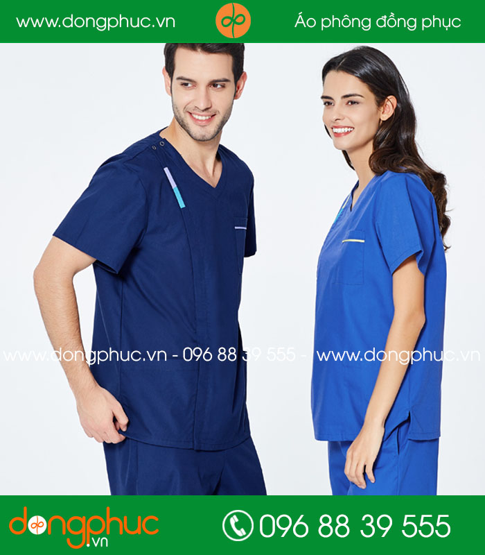 đồng phục phòng mổ màu tím than và xanh bích